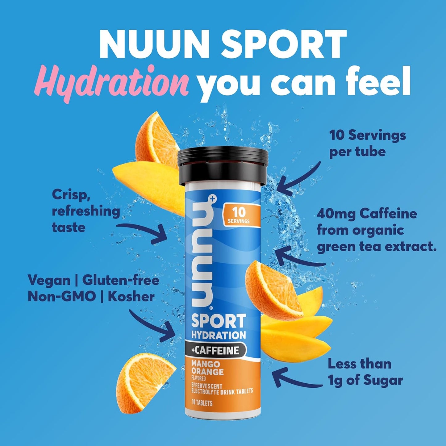 Nuun Sport + Caffeine Electrolyte Tablets - Mango Orange Flavor, Dissolvable in Water, 5 Essential Electrolytes, 1g Sugar Drink Mix, Vegan, Non-GMO - 8 Pack (80 Servings)