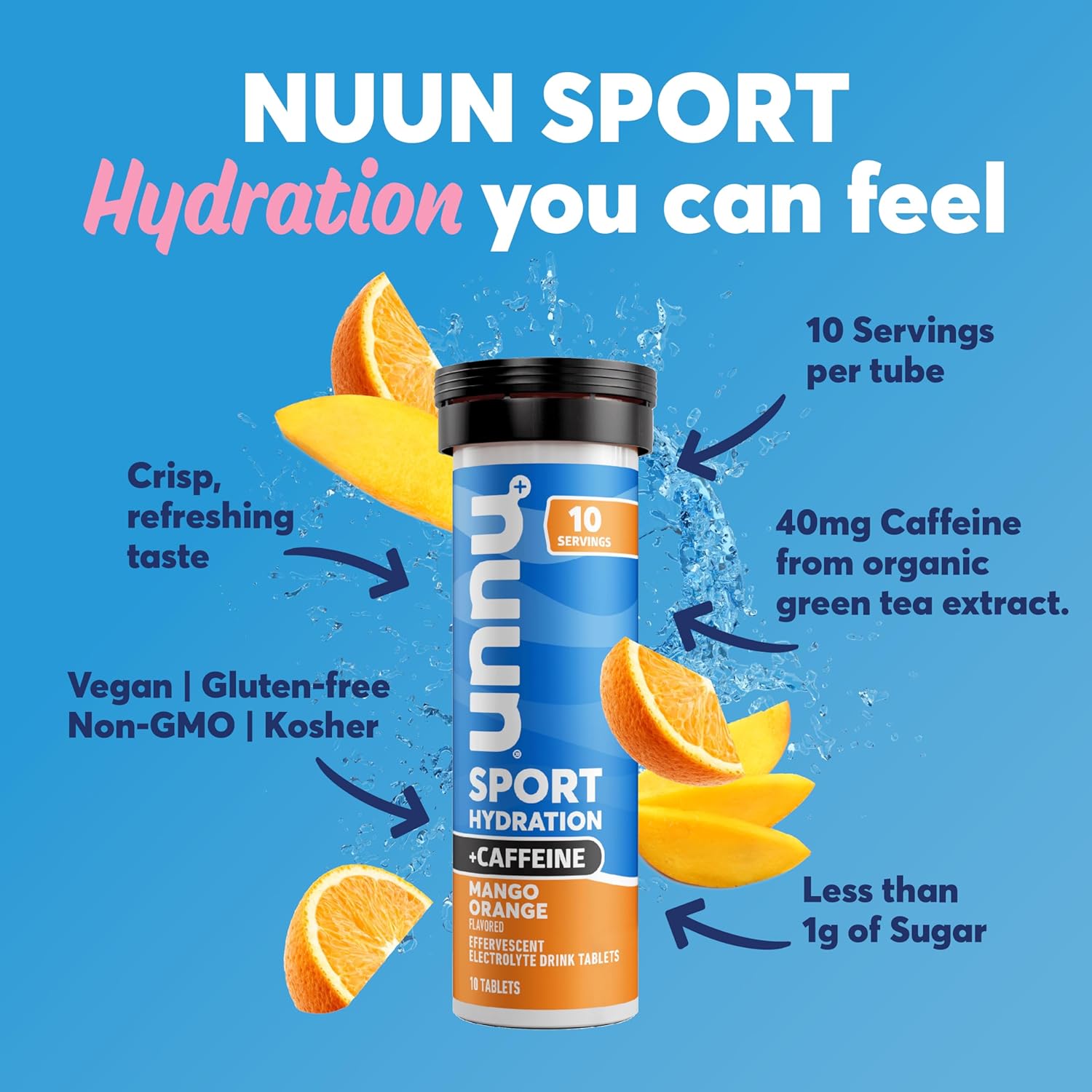 Nuun Sport + Caffeine Electrolyte Tablets - Mango Orange Flavor, Dissolvable in Water, 5 Essential Electrolytes, 1g Sugar Drink Mix, Vegan, Non-GMO - 8 Pack (80 Servings)
