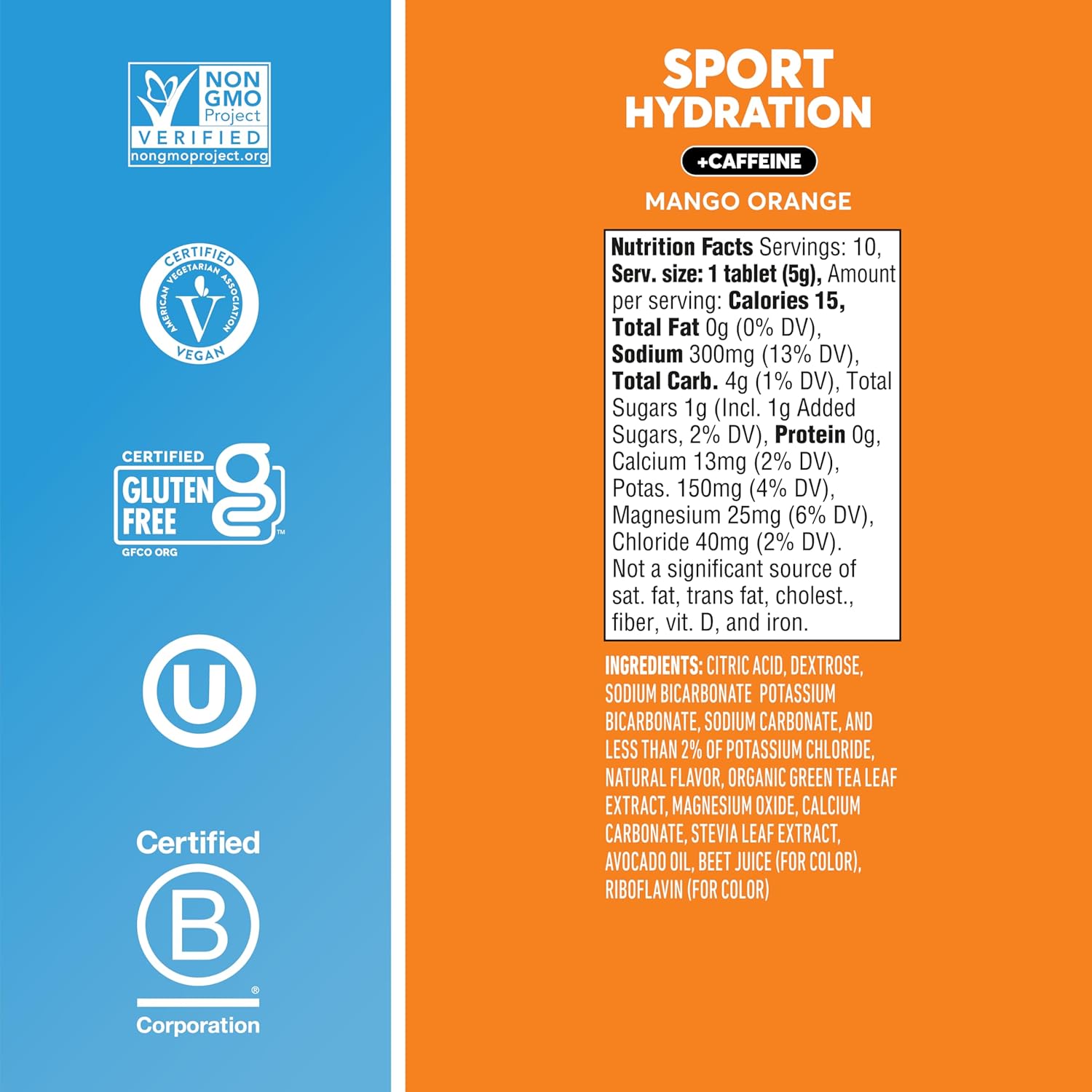 Nuun Sport + Caffeine Electrolyte Tablets - Mango Orange Flavor, Dissolvable in Water, 5 Essential Electrolytes, 1g Sugar Drink Mix, Vegan, Non-GMO - 8 Pack (80 Servings)