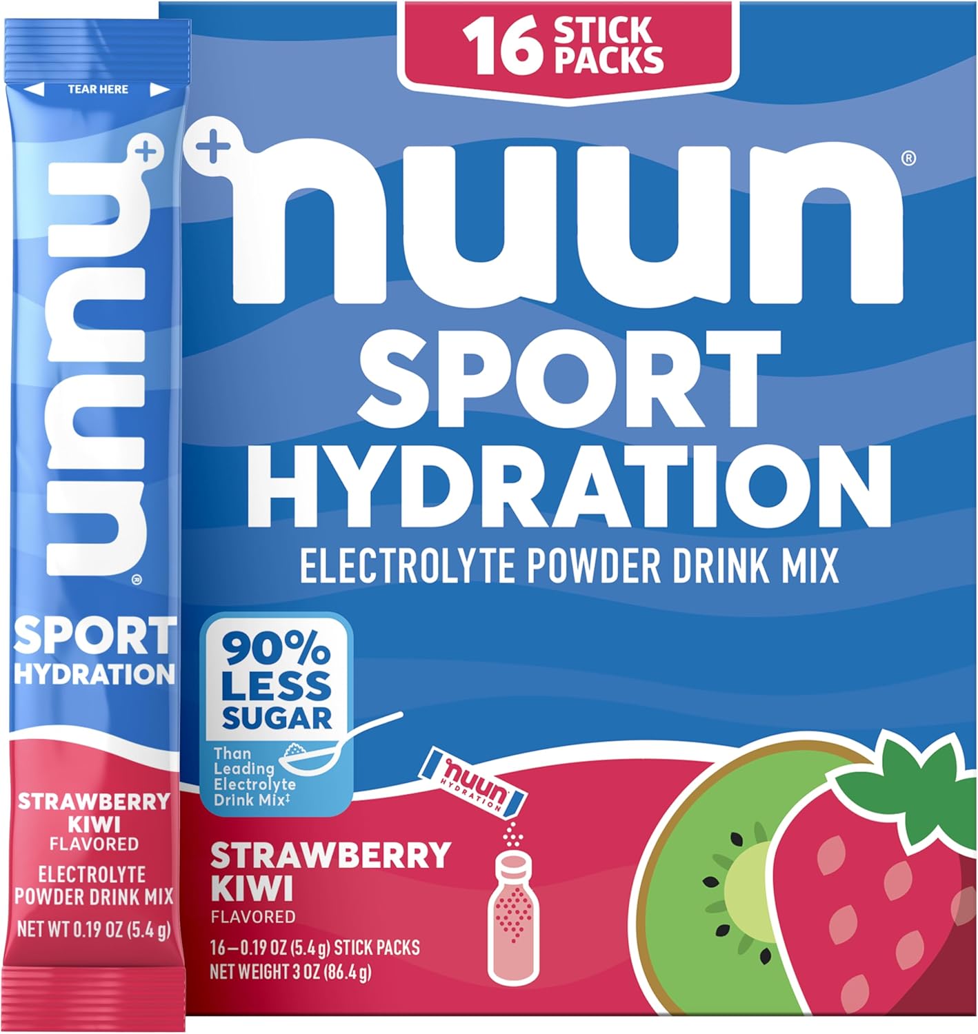 Nuun Sport Electrolyte Powder Packets - Strawberry Kiwi Flavor, Hydration Drink Mix with 5 Essential Electrolytes, Magnesium, Low Sugar - Non GMO, Vegan - 16 Sticks