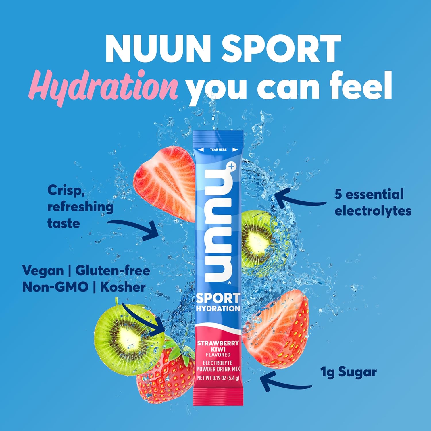 Nuun Sport Electrolyte Powder Packets - Strawberry Kiwi Flavor, Hydration Drink Mix with 5 Essential Electrolytes, Magnesium, Low Sugar - Non GMO, Vegan - 16 Sticks