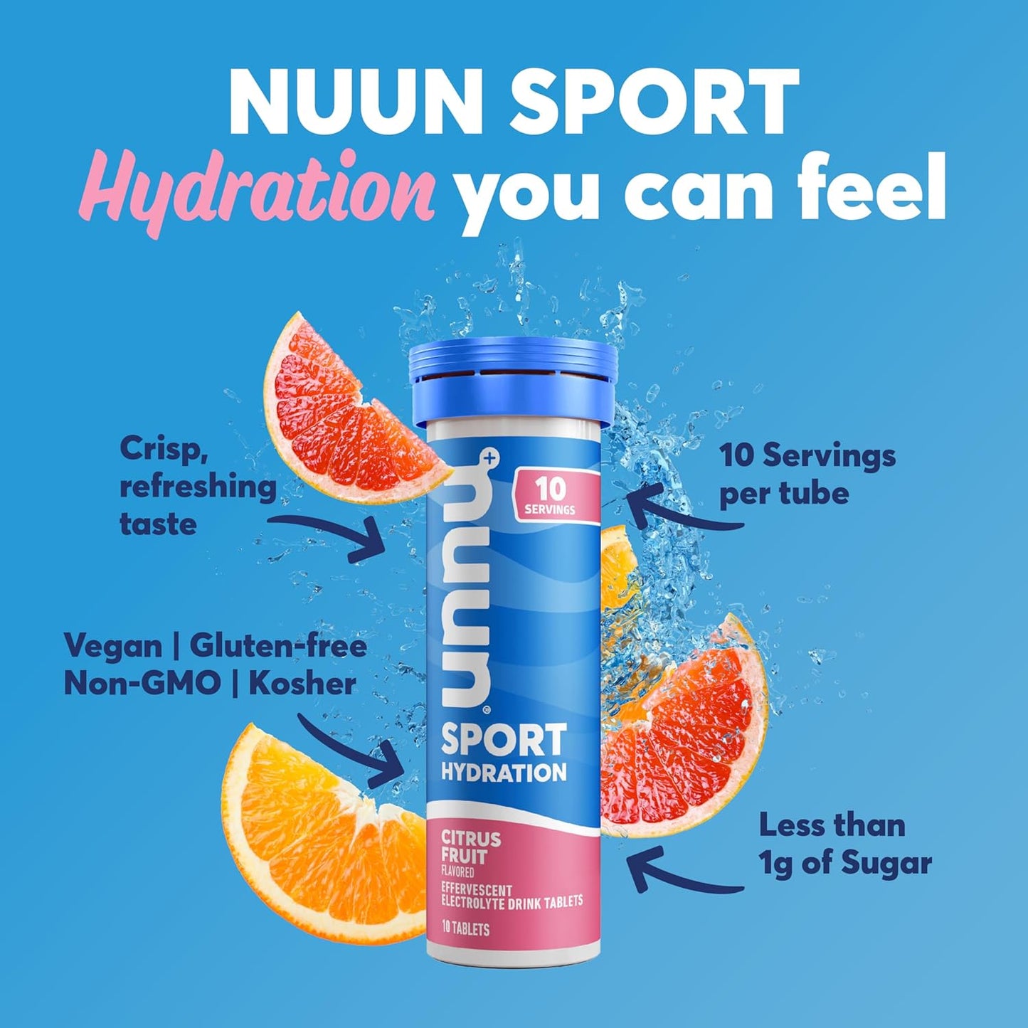 Nuun Sport Electrolyte Tablets - Citrus Flavor, Dissolvable Hydration Drink Mix with 5 Essential Electrolytes, 1g Sugar, Vegan, Non-GMO - 4 Pack, 40 Servings