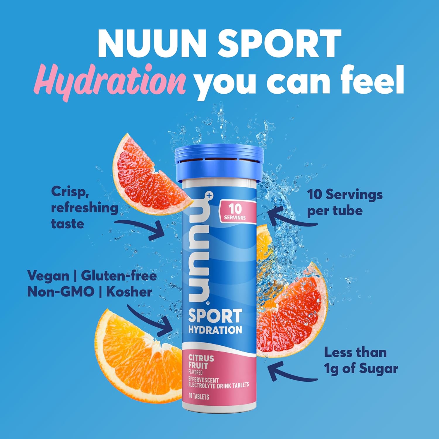 Nuun Sport Electrolyte Tablets - Citrus Flavor, Dissolvable Hydration Drink Mix with 5 Essential Electrolytes, 1g Sugar, Vegan, Non-GMO - 4 Pack, 40 Servings