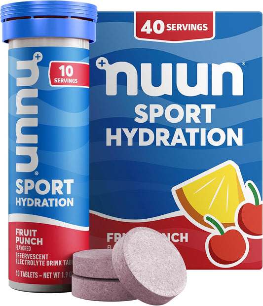 Nuun Sport Electrolyte Tablets - Fruit Punch Flavor, Dissolves in Water, 5 Essential Electrolytes, Hydration Drink Mix, Vegan & Non-GMO, 4 Pack (40 Servings)