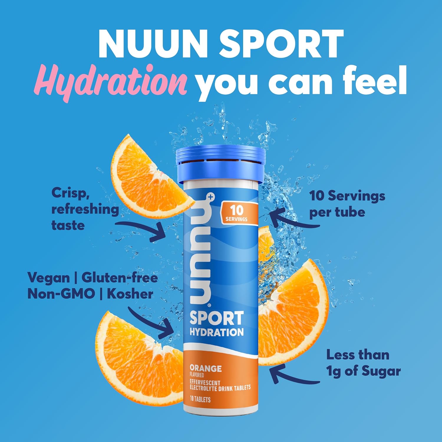 Nuun Sport Orange Electrolyte Tablets - 5 Essential Electrolytes, 1g Sugar Drink Mix, Vegan, Non-GMO - 8 Pack