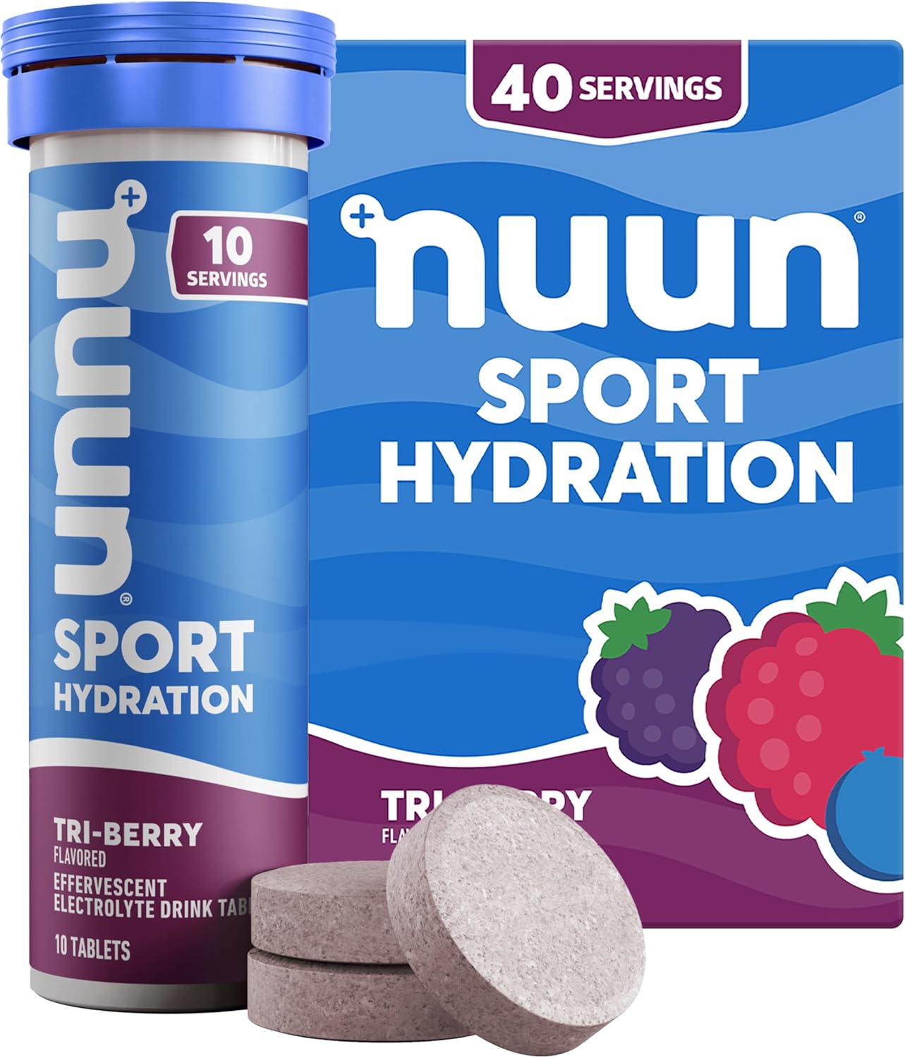 Nuun Sport Tri Berry Electrolyte Tablets - Dissolvable in Water, 5 Essential Electrolytes, 1g Sugar, Vegan, Non-GMO - 4 Pack (40 Servings)