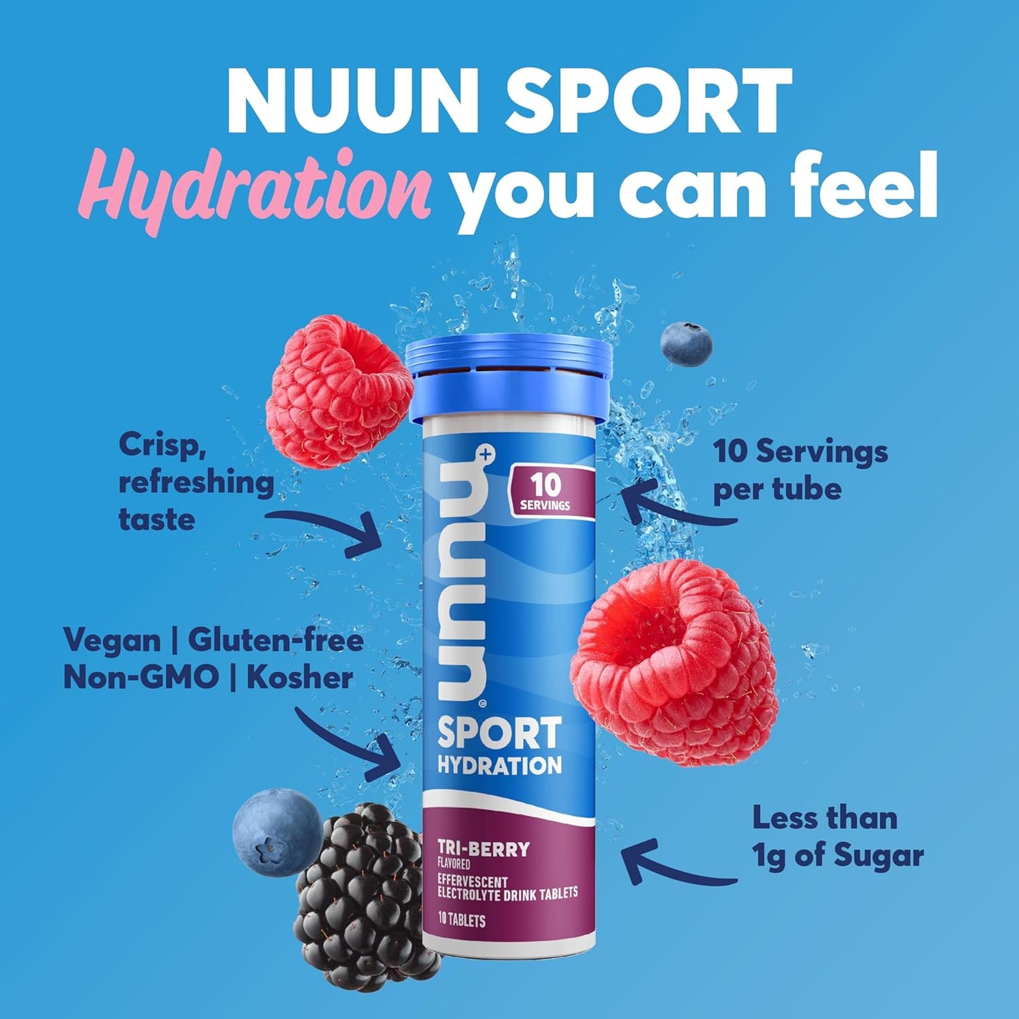 Nuun Sport Tri Berry Electrolyte Tablets - Dissolvable in Water, 5 Essential Electrolytes, 1g Sugar, Vegan, Non-GMO - 4 Pack (40 Servings)