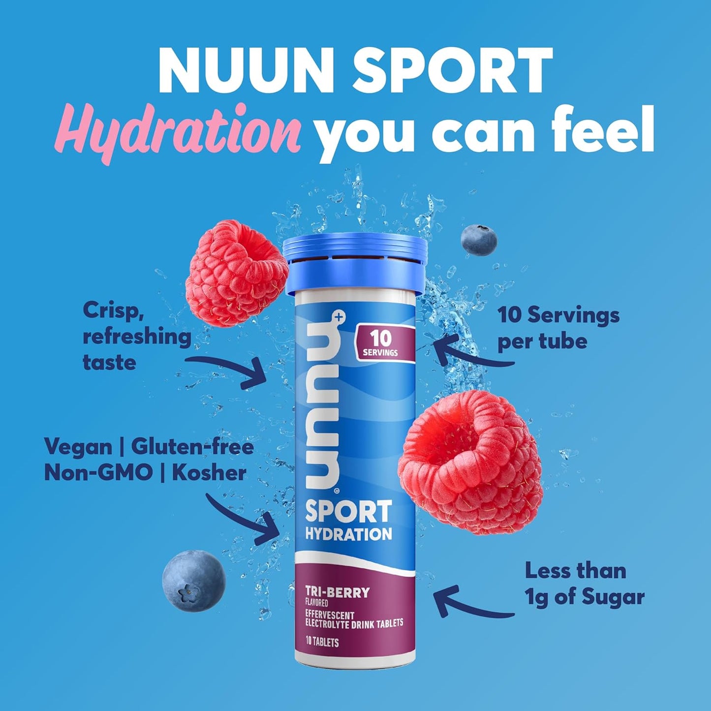 Nuun Sport Tri Berry Electrolyte Tablets - Dissolvable in Water, 5 Essential Electrolytes, Hydration Drink Mix, Vegan, Non-GMO - 8 Pack
