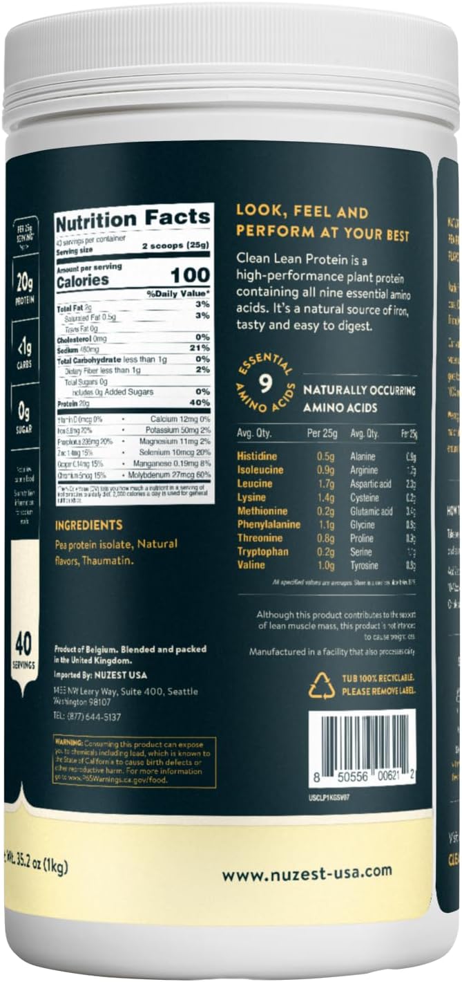 Nuzest Clean Lean Protein Powder - Vegan Plant Based Shake, Smooth Vanilla, 40 Servings, 2.2 lb - Dairy, Gluten, GMO Free