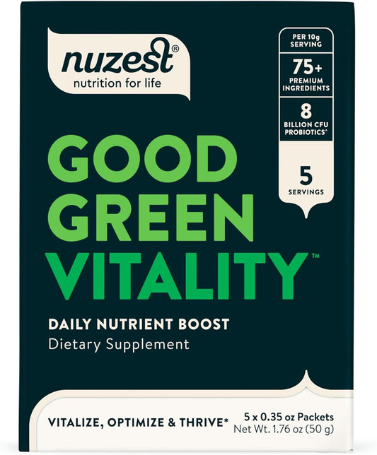 Nuzest Greens Powder - Vegan Multivitamin Supplement with Vitamins, Minerals, and Superfoods - Good Green Vitality 10g (Pack of 5)