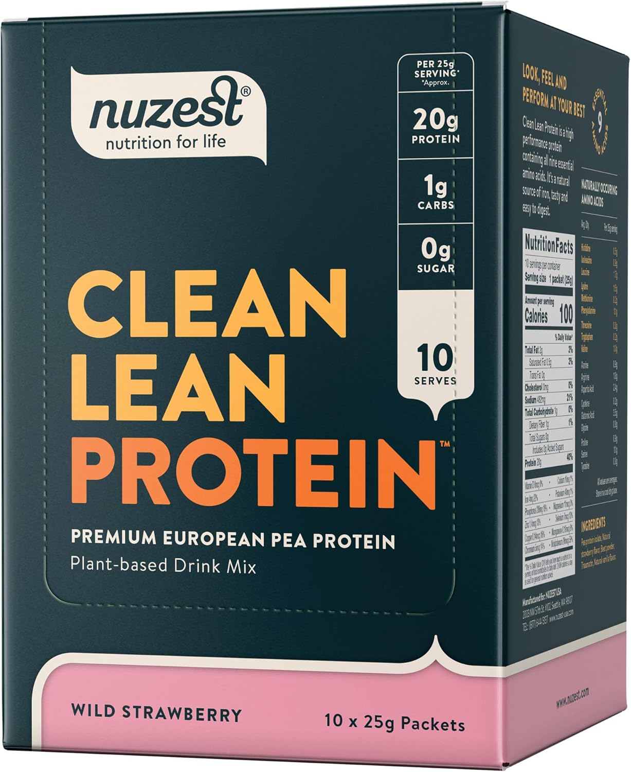 Nuzest Vegan Pea Protein Powder - Clean Lean Protein, Premium Plant-Based Shake, Dairy/Gluten/GMO-Free (Strawberry, 10 Servings)