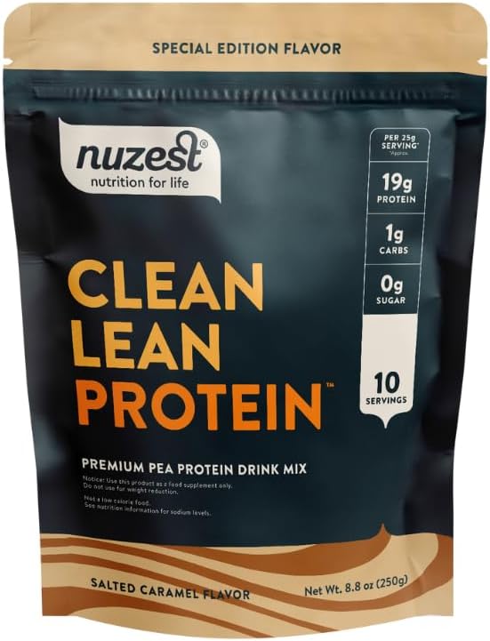 Nuzest Vegan Salted Caramel Pea Protein Powder - Premium Plant-Based Protein Shake, Clean Lean Protein, Dairy/Gluten/GMO Free - 8.8 oz