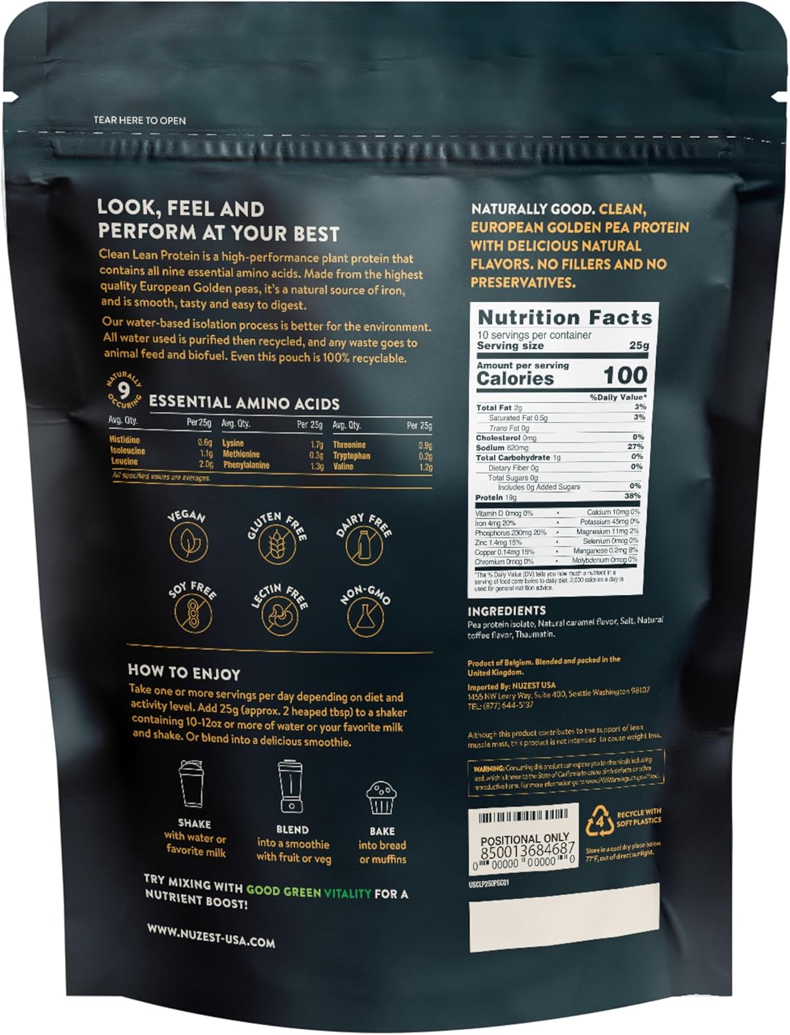 Nuzest Vegan Salted Caramel Pea Protein Powder - Premium Plant-Based Protein Shake, Clean Lean Protein, Dairy/Gluten/GMO Free - 8.8 oz