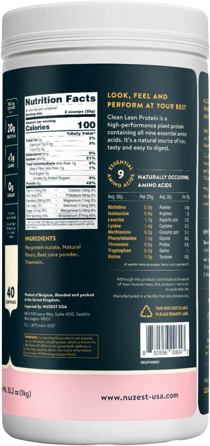 Nuzest Wild Strawberry Clean Lean Pea Protein Powder - Vegan Plant Based, Dairy & Gluten Free - 2.2 lb, 40 Servings