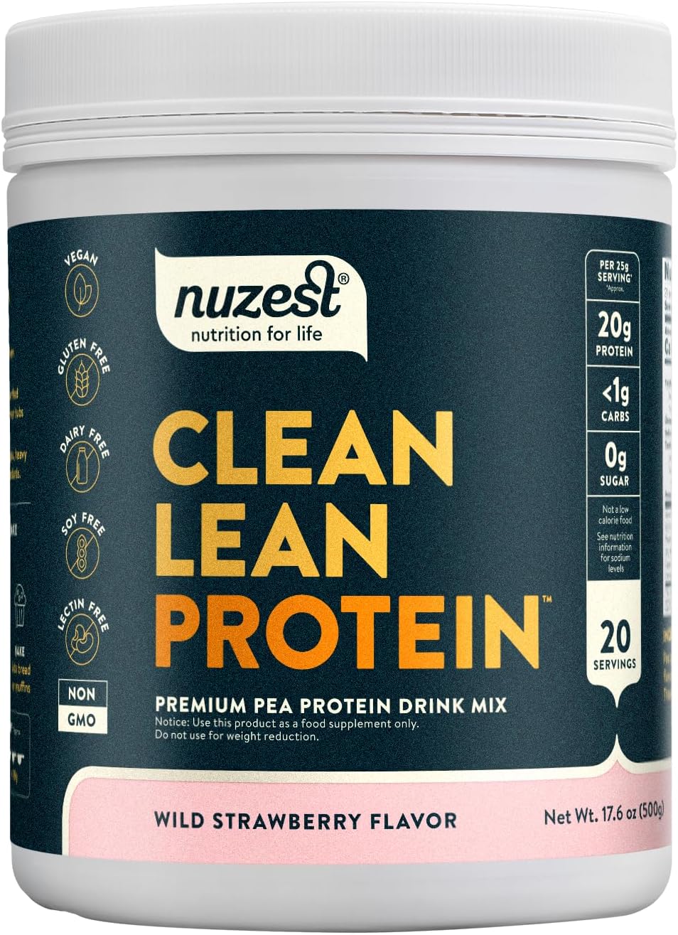 Nuzest Wild Strawberry Pea Protein Powder - Premium Vegan Plant Based Protein Shake, Dairy/Gluten/GMO Free, 20 Servings - 1.1 lb