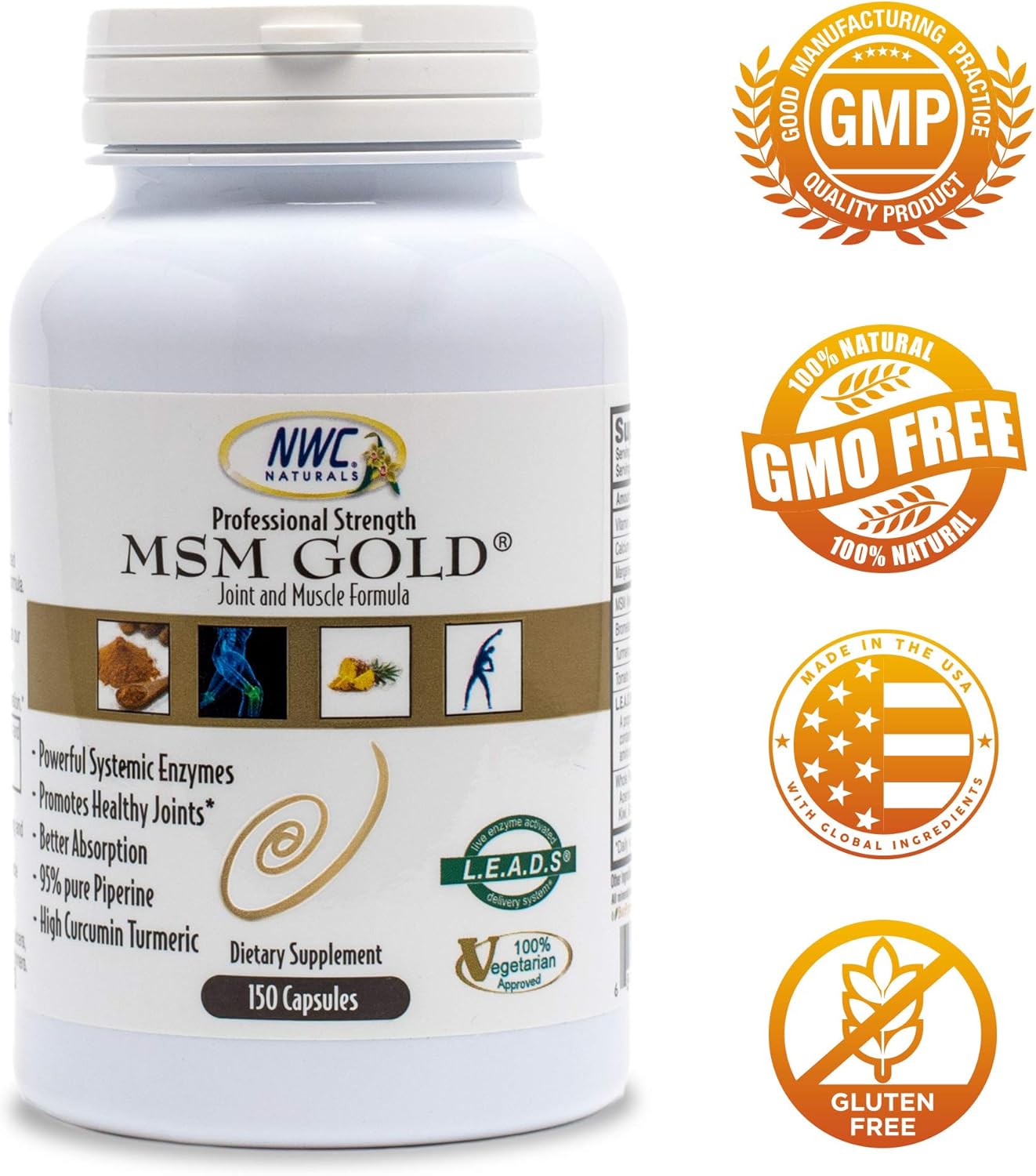 NWC Naturals MSM Gold Systemic Enzyme Capsules - 150 Count - Vegetarian & All Natural - Supports Joint and Muscle Health