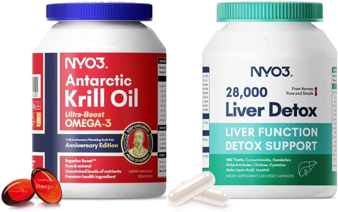NYO3 Krill Oil 1000mg Softgel - 90 Count + Milk Thistle Liver Detox with Dandelion Root - 60 Count