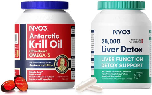 NYO3 Krill Oil 1000mg Softgel - 90 Count + Milk Thistle Liver Detox with Dandelion Root - 60 Count