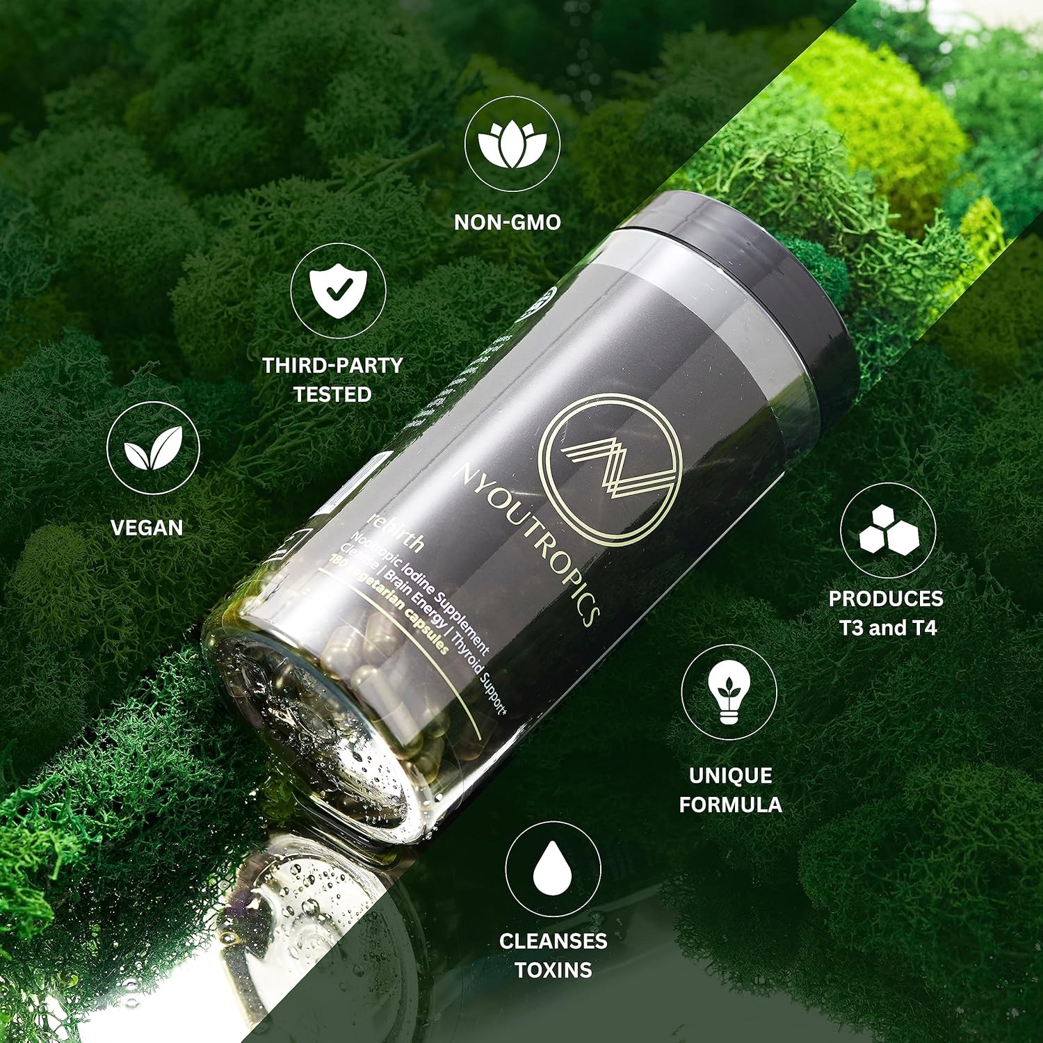 NYOUTROPICS Rebirth: Nootropic Iodine Supplement for Brain and Thyroid Support, 180 Vegan Capsules, Non-Accumulating Positive Monovalent Iodine