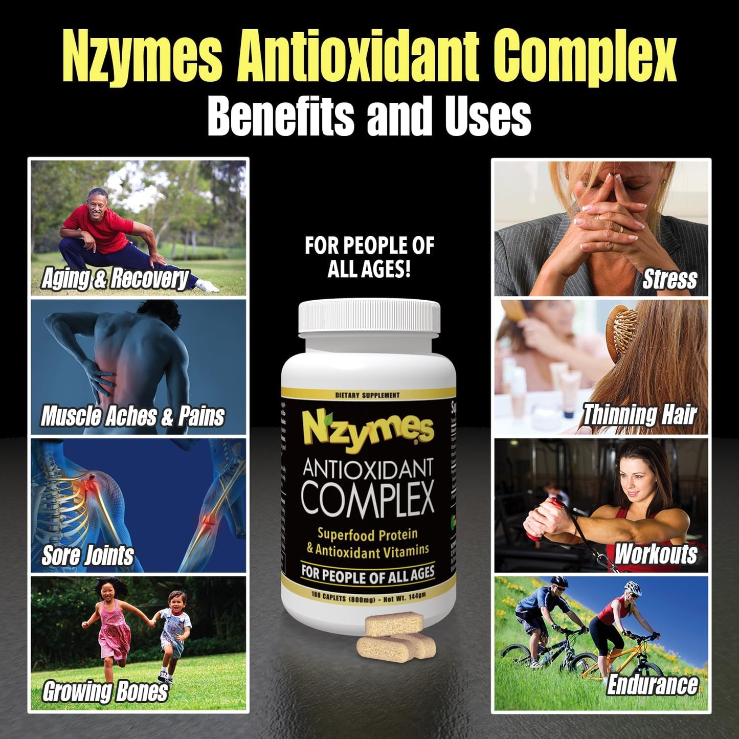 Nzymes Antioxidant Complex: Powerful Supplement with Vitamins C, E, A, Selenium, Live Enzymes - 180 Count, USA Made