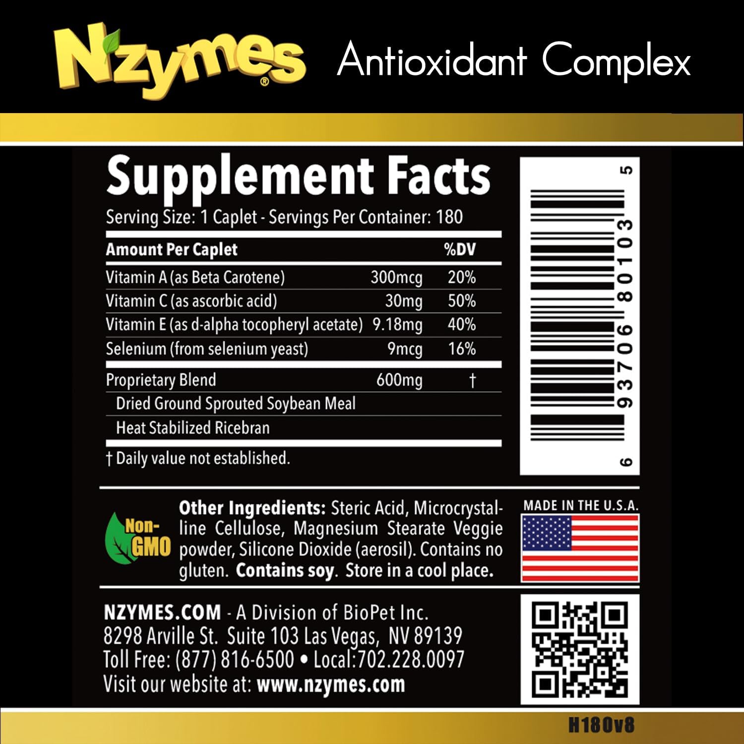 Nzymes Antioxidant Complex: Powerful Supplement with Vitamins C, E, A, Selenium, Live Enzymes - 180 Count, USA Made