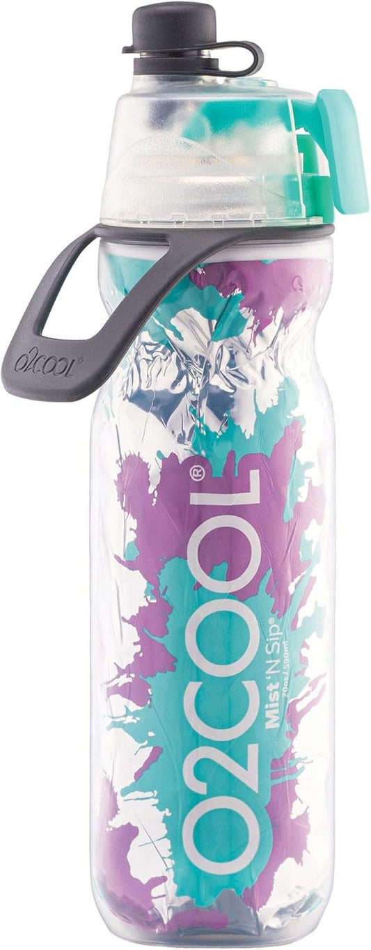 O2COOL Mist 'N Sip 2-in-1 Misting Water Bottle - Reusable 20 oz Sports Bottle with Leak-Proof Spout (Teal Purple Splash)