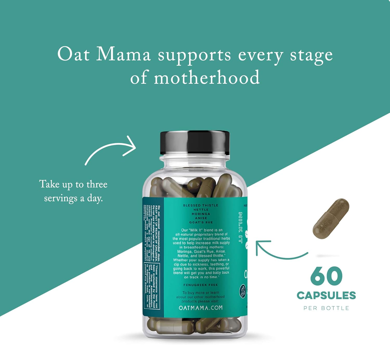 OAT MAMA Milk It Lactation Supplement with Moringa Powder, 60 Capsules for Postpartum Care