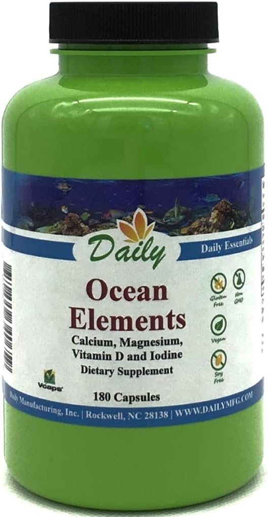 Ocean Elements™ Daily Manufacturing: 180 Vegetarian Capsules with Calcium, Magnesium, Iodine from Seaweed & Vitamin D3