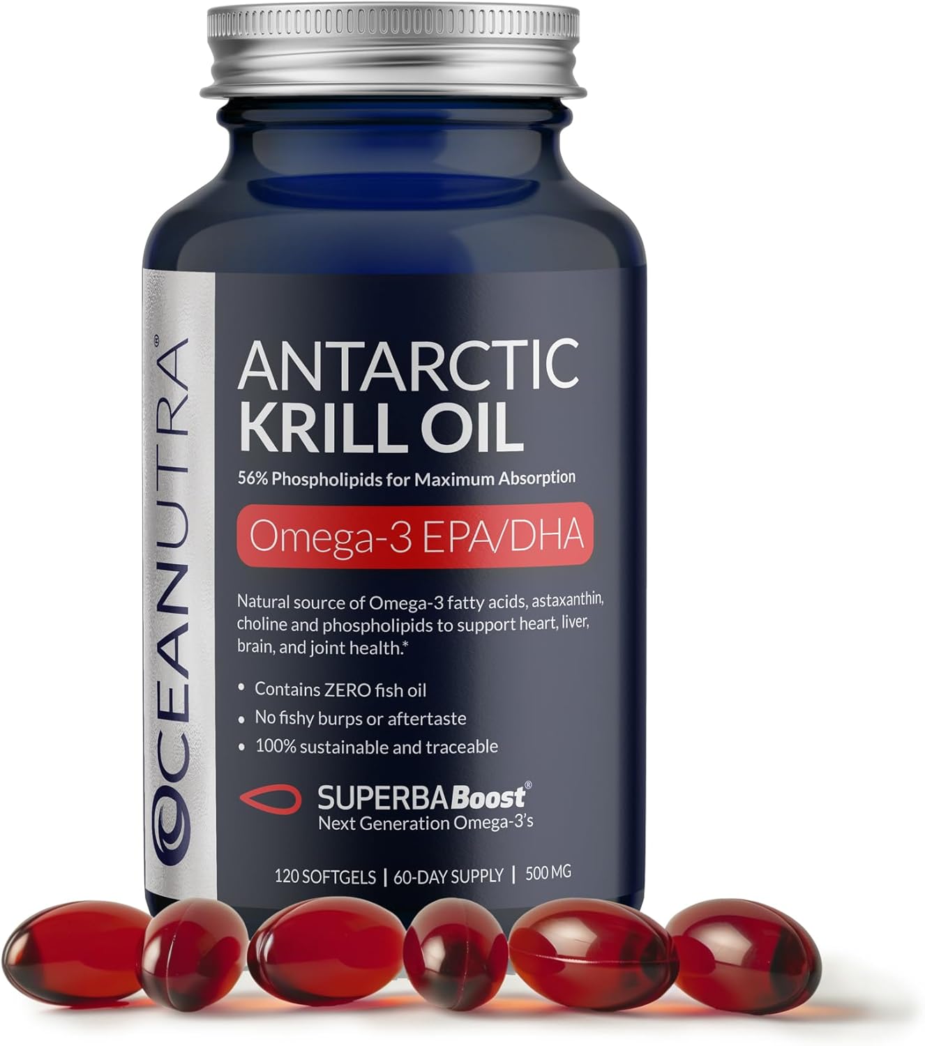 Oceanutra SuperbaBoost Antarctic Krill Oil Softgels - 500mg Omega 3 Supplement with EPA, DHA, Astaxanthin, Choline - Vanilla Flavor, Sustainable, No Fish Oil - 60-Day Supply