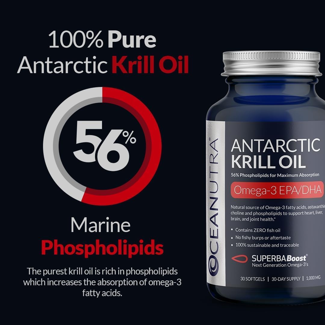 Oceanutra SuperbaBoost Antarctic Krill Oil Softgels - 500mg Omega 3 Supplement with EPA, DHA, Astaxanthin, Choline - Vanilla Flavor, Sustainable, No Fish Oil - 60-Day Supply