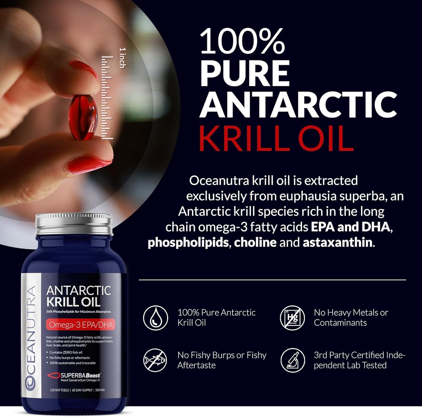 Oceanutra SuperbaBoost Antarctic Krill Oil Softgels - 500mg Omega 3 Supplement with EPA, DHA, Astaxanthin, Choline - Vanilla Flavor, Sustainable, No Fish Oil - 60-Day Supply