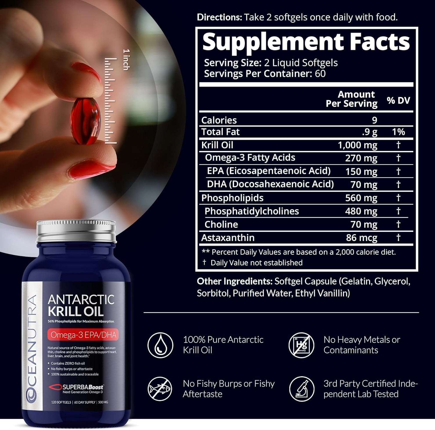 Oceanutra SuperbaBoost Antarctic Krill Oil Softgels - 500mg Omega 3 Supplement with EPA, DHA, Astaxanthin, Choline - Vanilla Flavor, Sustainable, No Fish Oil - 60-Day Supply