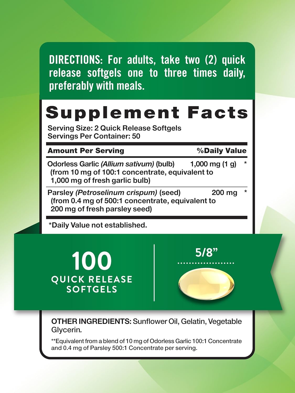 Odorless Garlic and Parsley Softgels | 1200mg | 100 Count | Non-GMO & Gluten Free Supplement