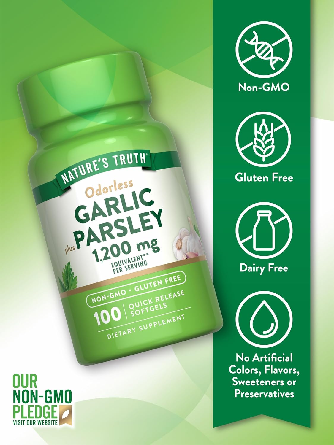 Odorless Garlic and Parsley Softgels | 1200mg | 100 Count | Non-GMO & Gluten Free Supplement