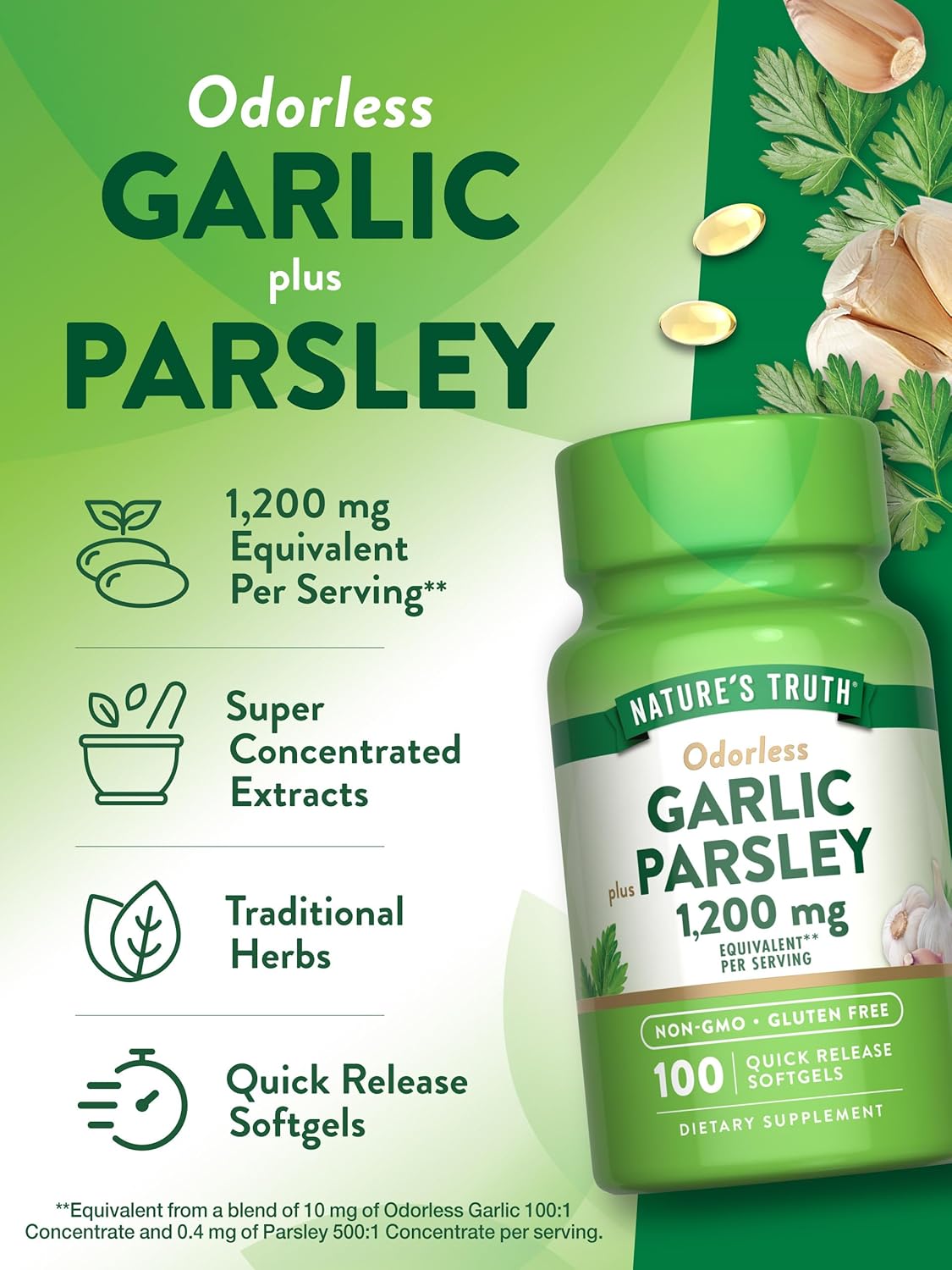Odorless Garlic and Parsley Softgels | 1200mg | 100 Count | Non-GMO & Gluten Free Supplement