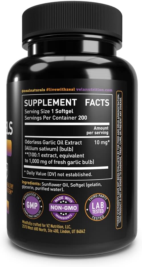 Odorless Garlic Supplement 1000mg - Heart Health & Immune Support - GMP Certified, Non-GMO - 200 Capsules