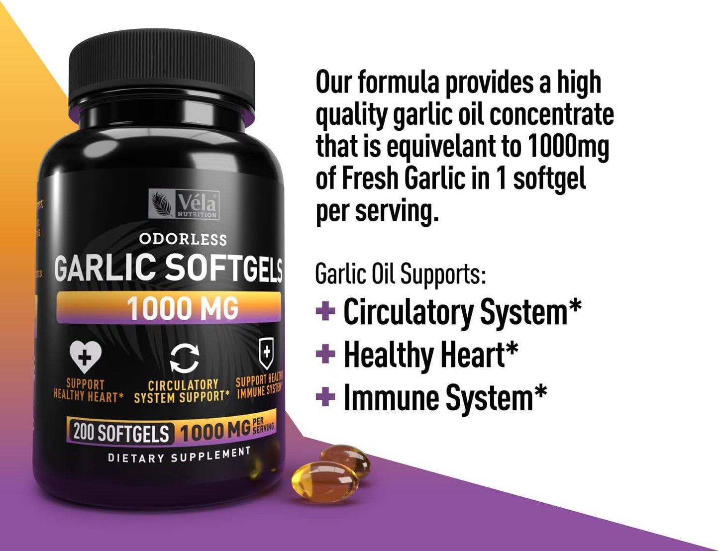 Odorless Garlic Supplement 1000mg - Heart Health & Immune Support - GMP Certified, Non-GMO - 200 Capsules
