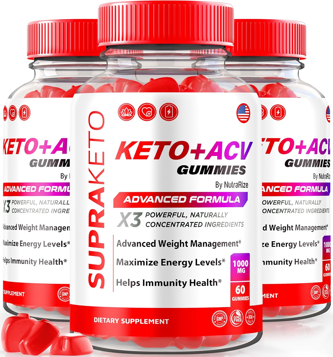 Official NutraRize Supra Keto+ACV Gummies - Pack of 3, All Natural Apple Cider Vinegar Formula - 180 Gummies