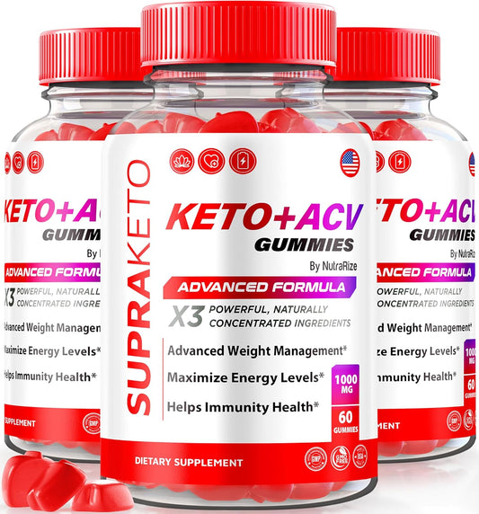 Official NutraRize Supra Keto+ACV Gummies - Pack of 3, All Natural Apple Cider Vinegar Formula - 180 Gummies