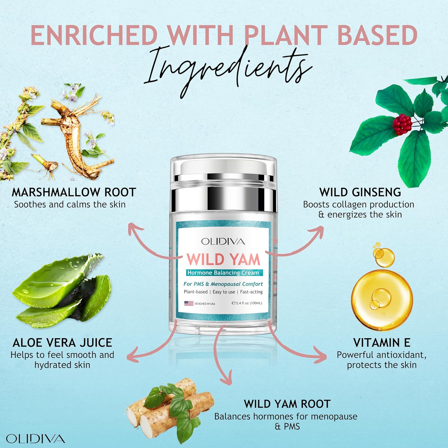 Olidiva Wild Yam Cream 3.4 oz - Hormone Balancing Day & Night Cream for PMS, Menopause, Hot Flashes & Night Sweats