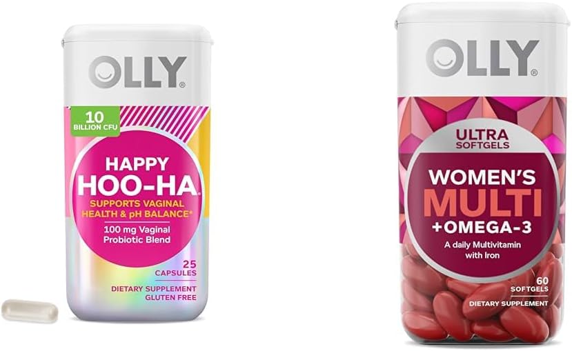 OLLY Happy Hoo-Ha Capsules & Ultra Women's Multi Softgels for Overall Health, Immune Support, Omega-3s, Iron, Vitamins A, D, C, E, B12 - 30 Day Supply, 60 Count