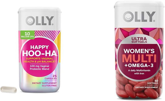 OLLY Happy Hoo-Ha Capsules & Ultra Women's Multi Softgels for Overall Health, Immune Support, Omega-3s, Iron, Vitamins A, D, C, E, B12 - 30 Day Supply, 60 Count