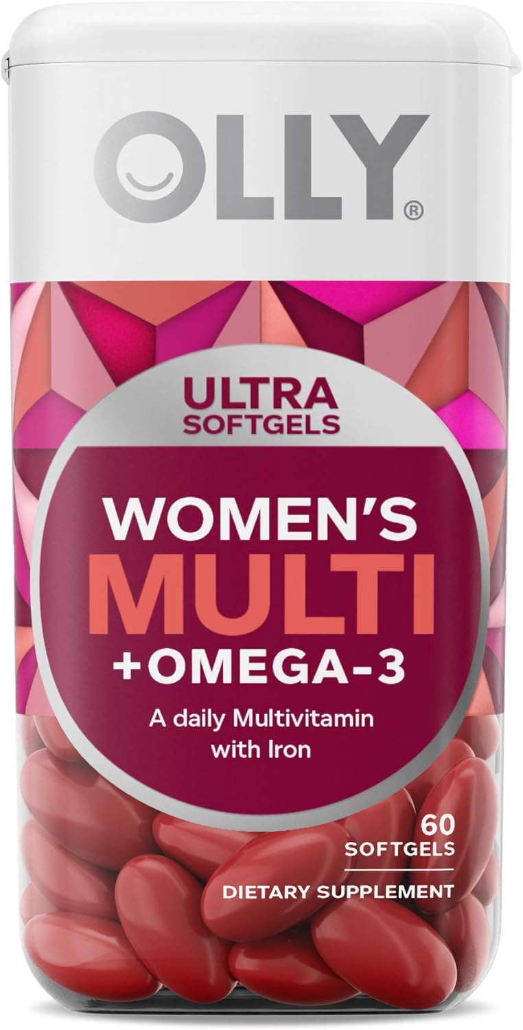 OLLY Happy Hoo-Ha Capsules & Ultra Women's Multi Softgels for Overall Health, Immune Support, Omega-3s, Iron, Vitamins A, D, C, E, B12 - 30 Day Supply, 60 Count