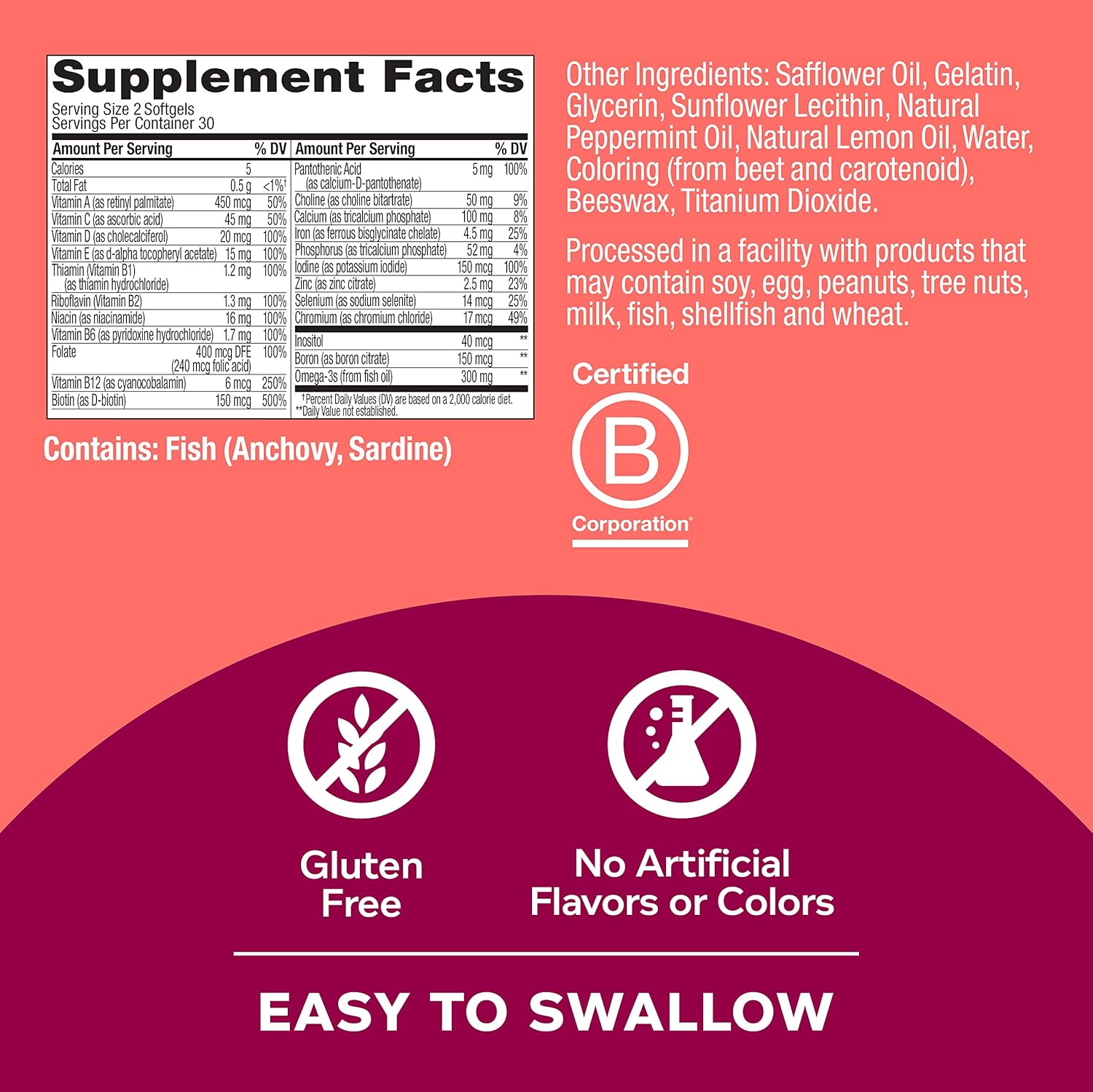 OLLY Happy Hoo-Ha Capsules & Ultra Women's Multi Softgels for Overall Health, Immune Support, Omega-3s, Iron, Vitamins A, D, C, E, B12 - 30 Day Supply, 60 Count