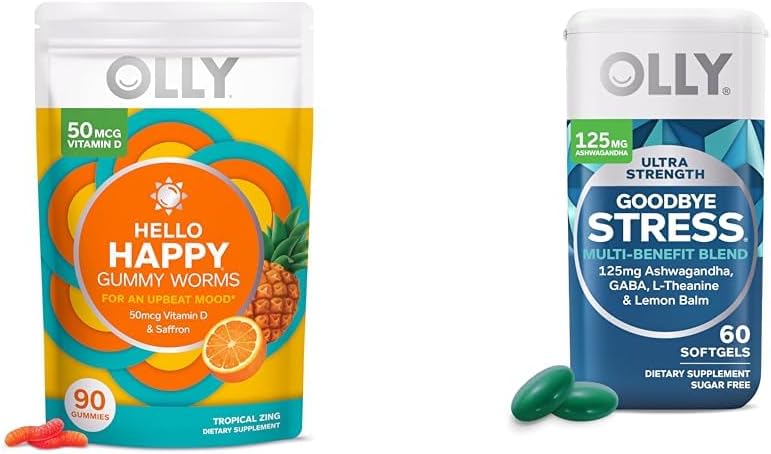 OLLY Hello Happy Gummy Worms & Goodbye Stress Softgels Bundle - Mood & Stress Support with Vitamin D, Saffron, GABA, Ashwagandha, L-Theanine, Lemon Balm