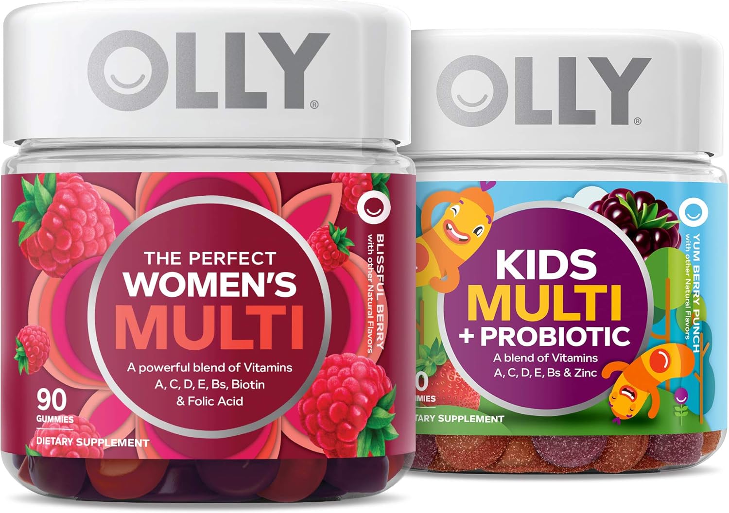 OLLY Women's Multi and Kids' Multi +Probiotic Family Pack Gummies, 2 Count, Chewable Supplement Pack