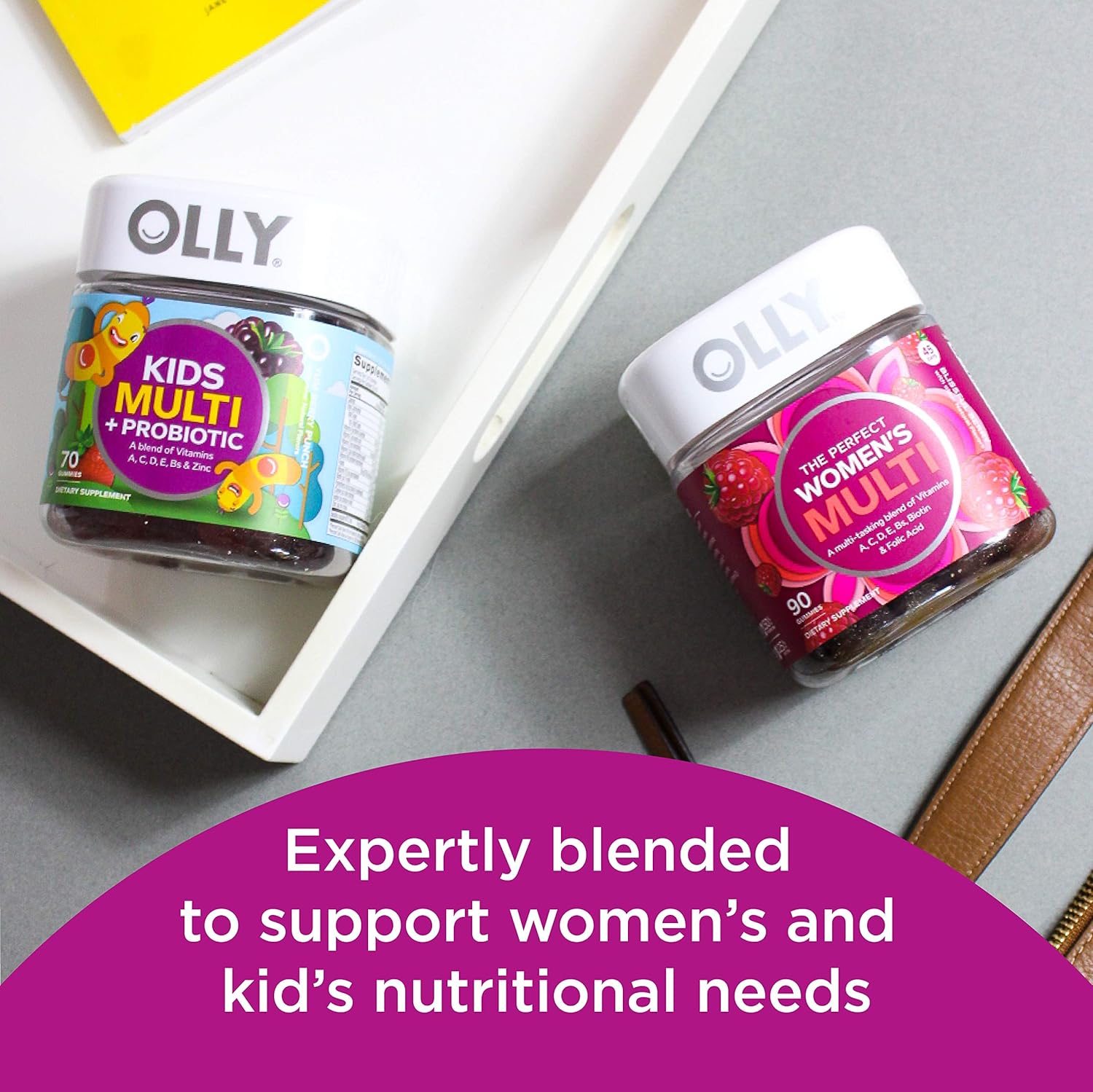 OLLY Women's Multi and Kids' Multi +Probiotic Family Pack Gummies, 2 Count, Chewable Supplement Pack