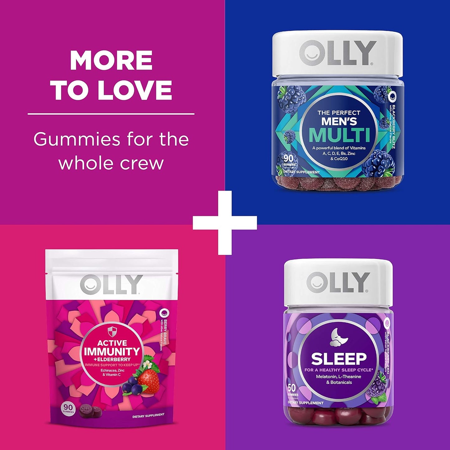 OLLY Women's Multi and Kids' Multi +Probiotic Family Pack Gummies, 2 Count, Chewable Supplement Pack