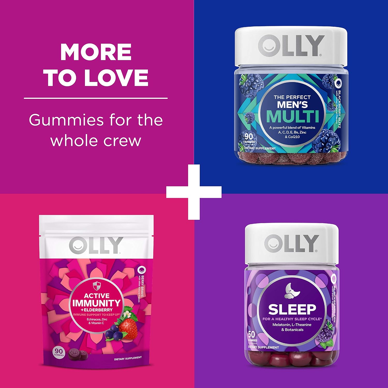 OLLY Women's Multi and Kids' Multi +Probiotic Family Pack Gummies, 2 Count, Chewable Supplement Pack