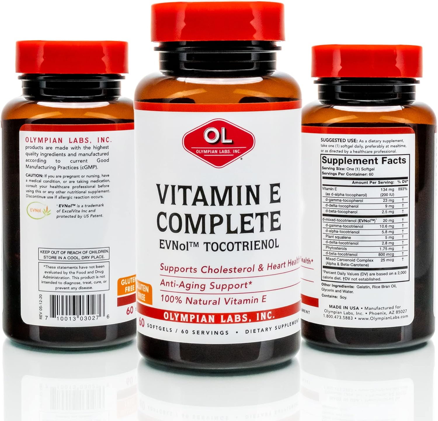 Olympian Labs Vitamin E Tocomin Softgels - 200IU, 60 Servings - Support Brain, Skin & Hair, Fight Free Radicals